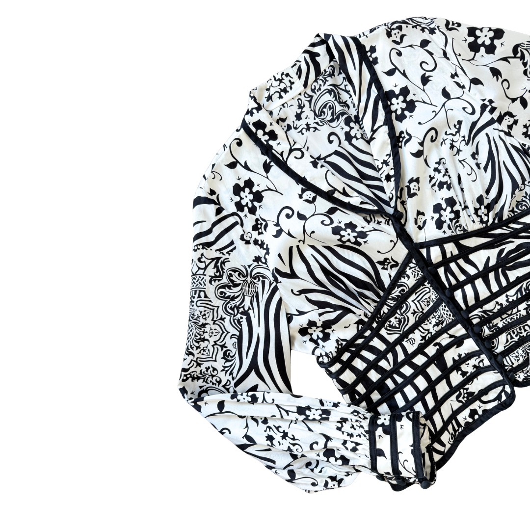 Black and White Floral Silk Corset Blouse | Medium