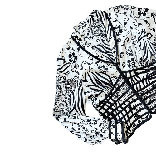 Black and White Floral Silk Corset Blouse | Medium