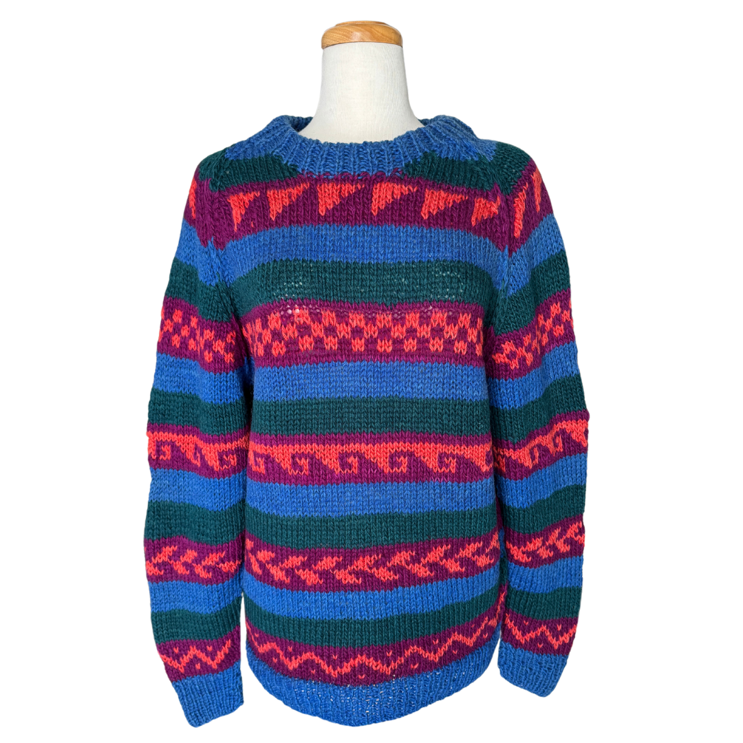 Blue, Orange, Purple and Green Abstract Print Wool Sweater | Large / Extra-Large