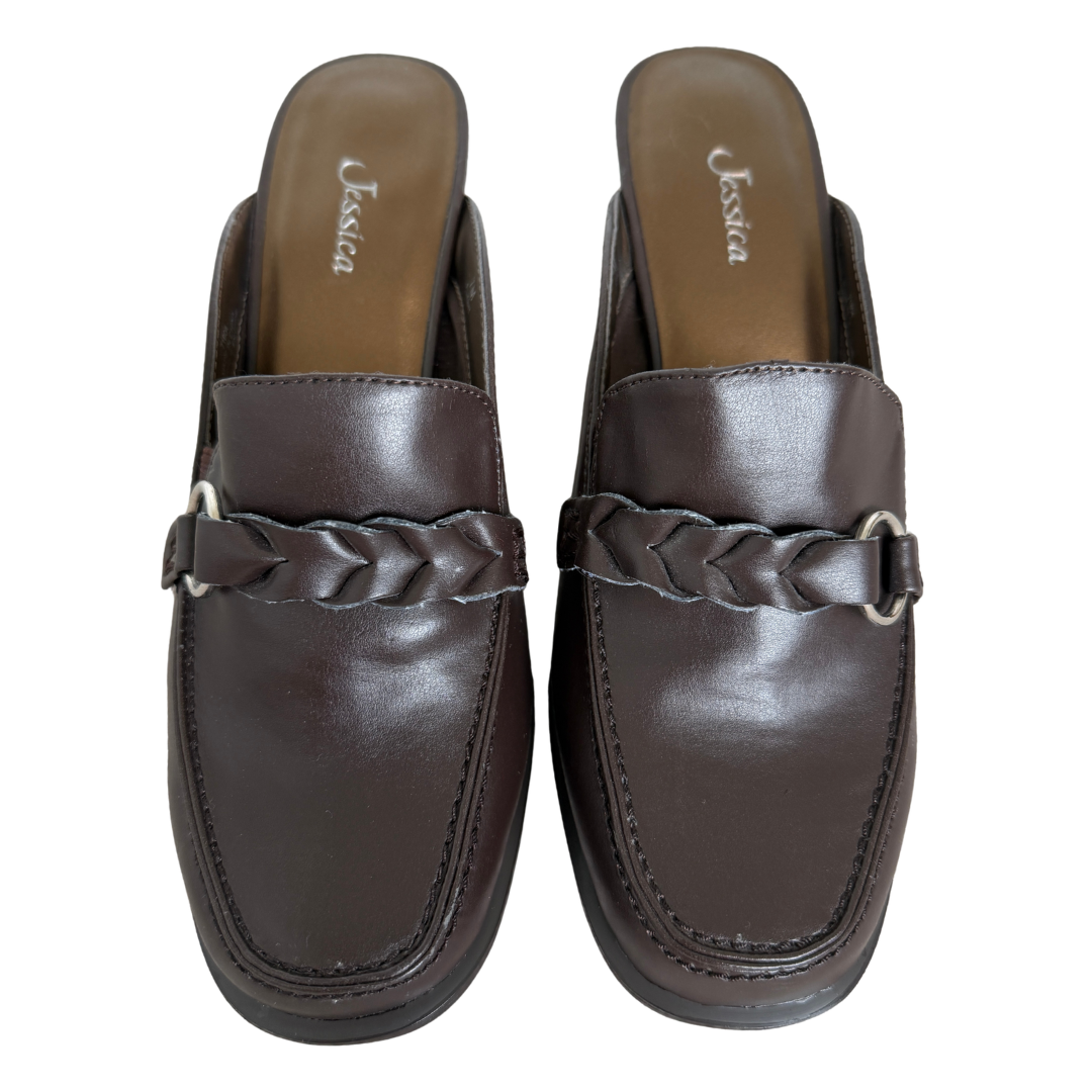 Jessica Dark Brown Heeled Mules with Braided Strap | 7M