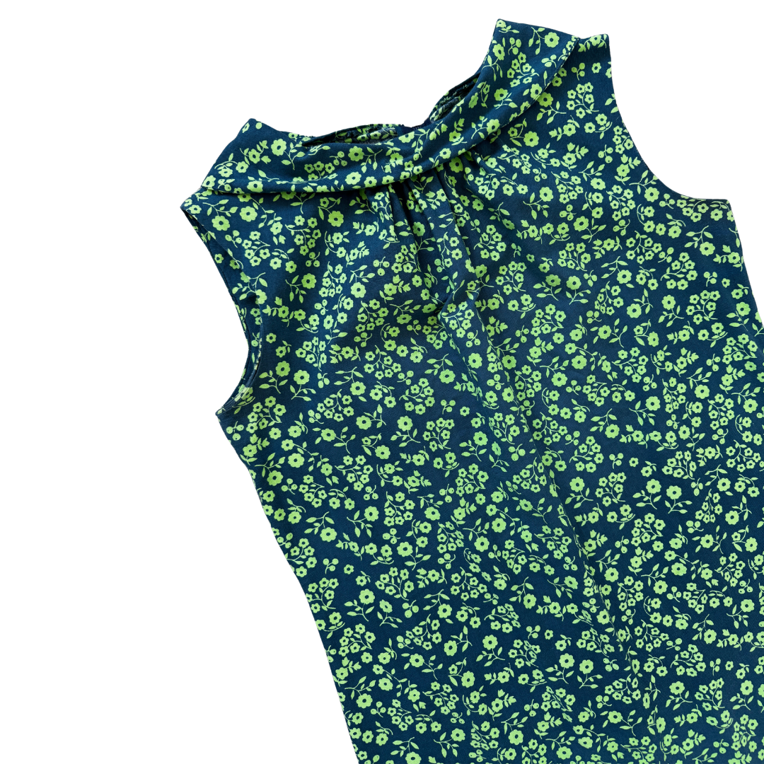 70s Slate Blue and Neon Green Folded Collar Dress | Small - Medium