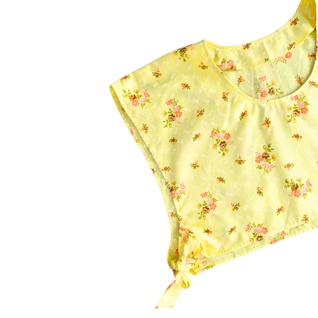 Yellow Tie Top with Brown and Orange Floral Print | Small / Extra-Small