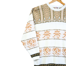 Load image into Gallery viewer, White Pullover Sweater with Green and Gold Abstract Pattern | M-L
