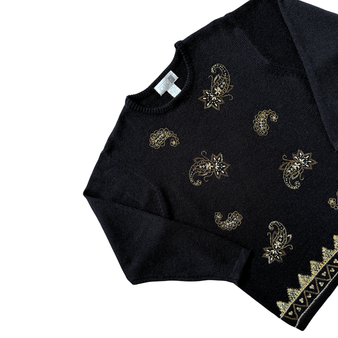 Cleo Black and Gold Beaded Paisley Sweater | Medium - Large