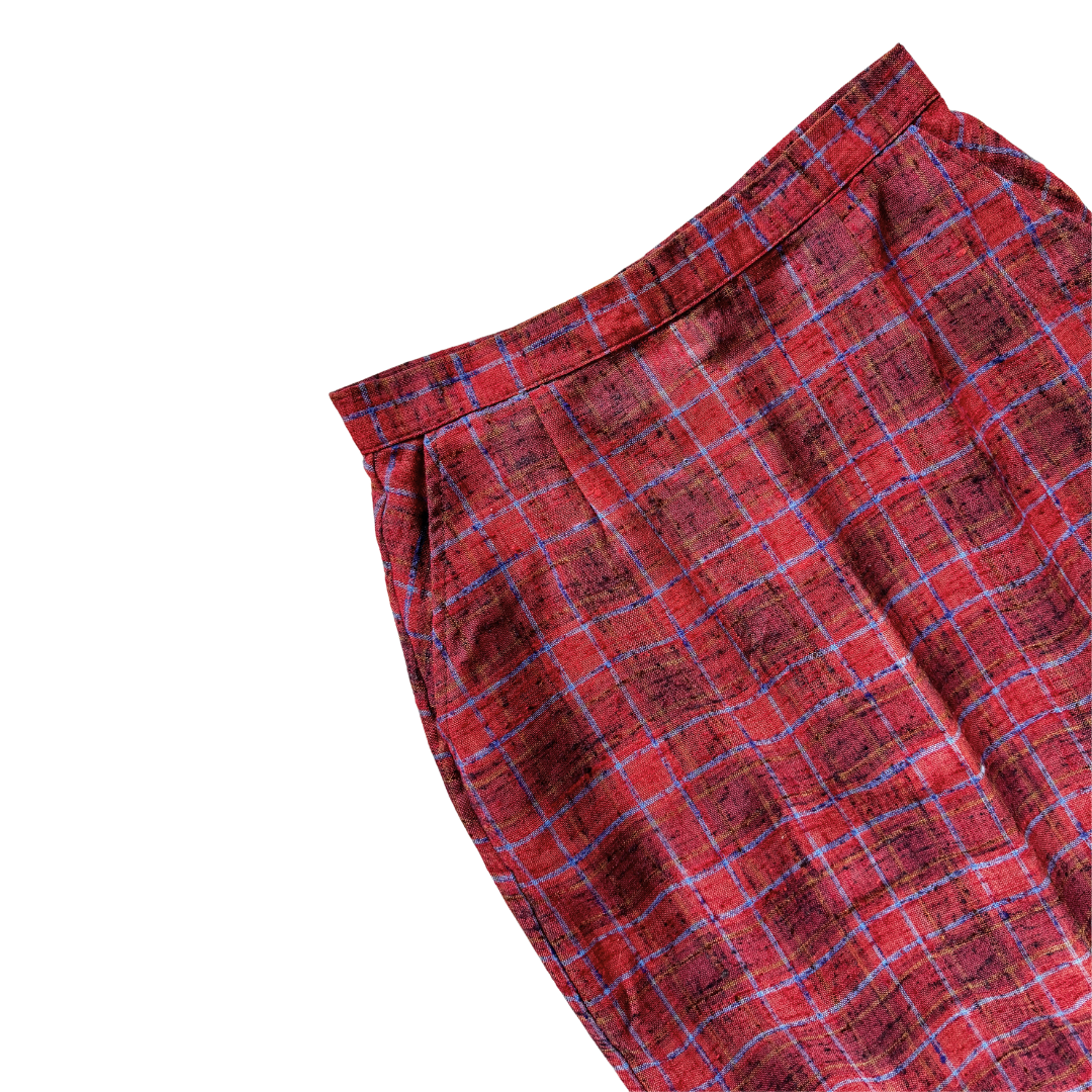 Fashion Trends Cranberry Red Wool Blend Plaid Midi Skirt | Medium
