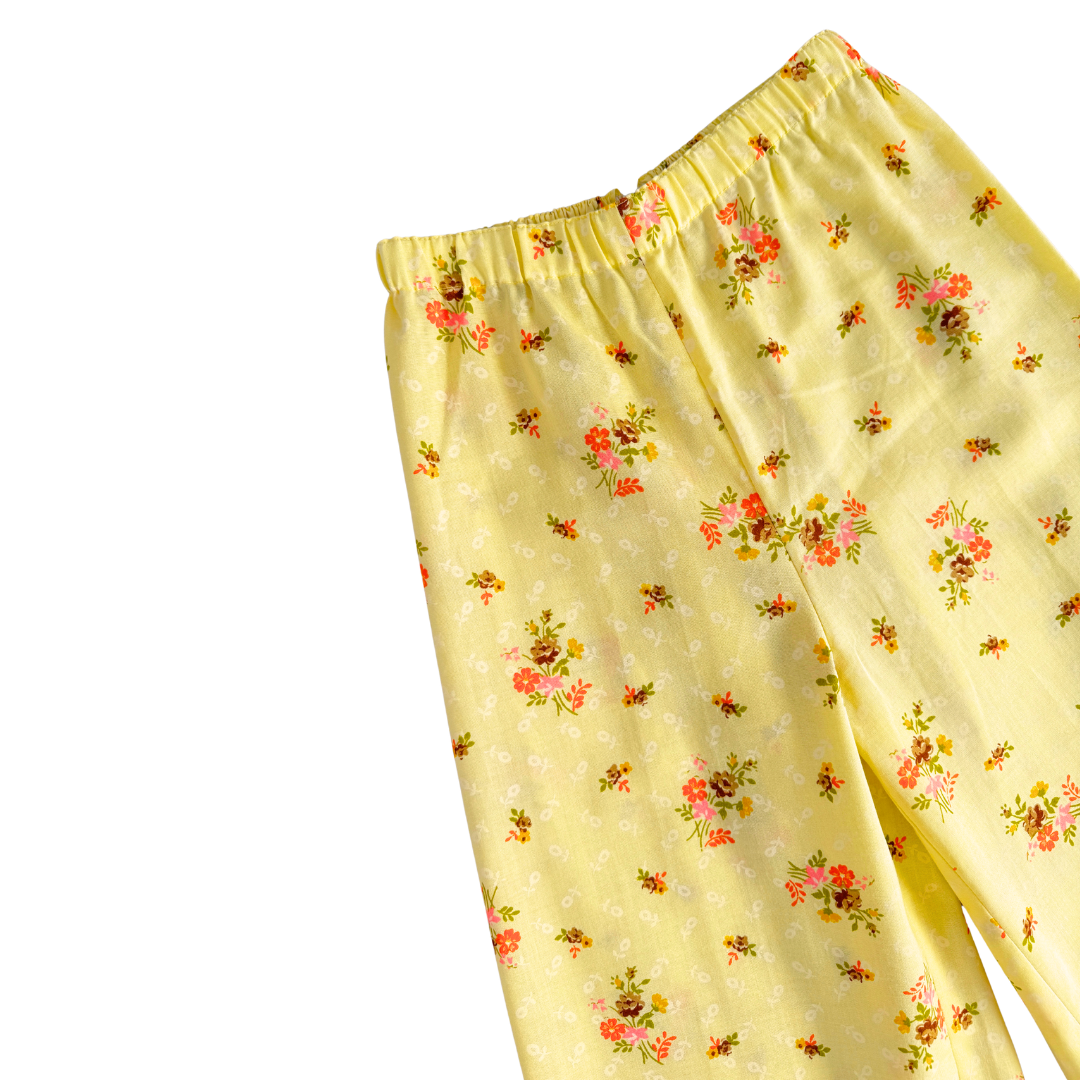 Yellow Cotton Pants with Brown and Orange Floral Print | Extra-Small