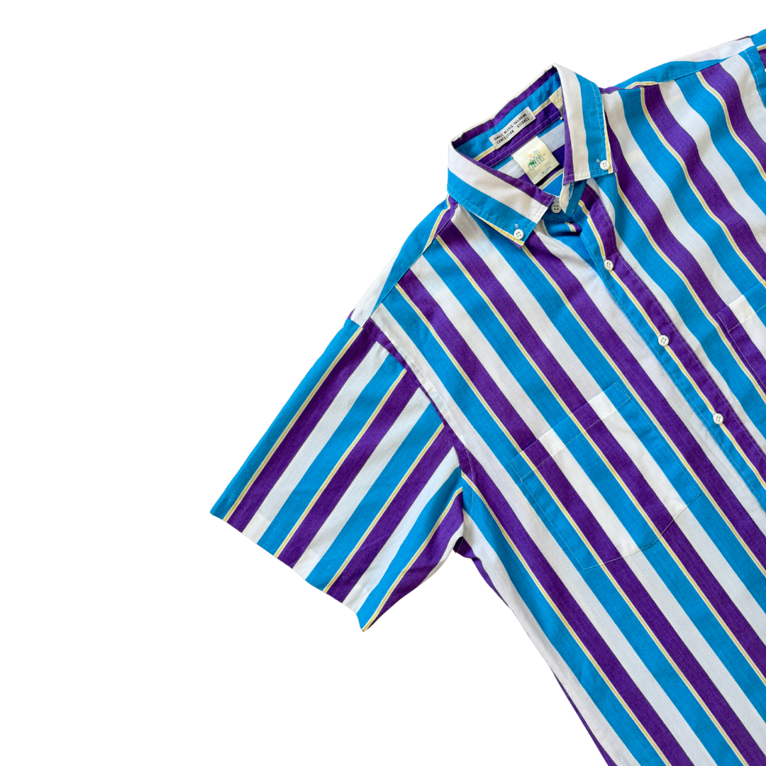 Men's Blue/Purple/Yellow/White Striped Button Down T-Shirt | Medium