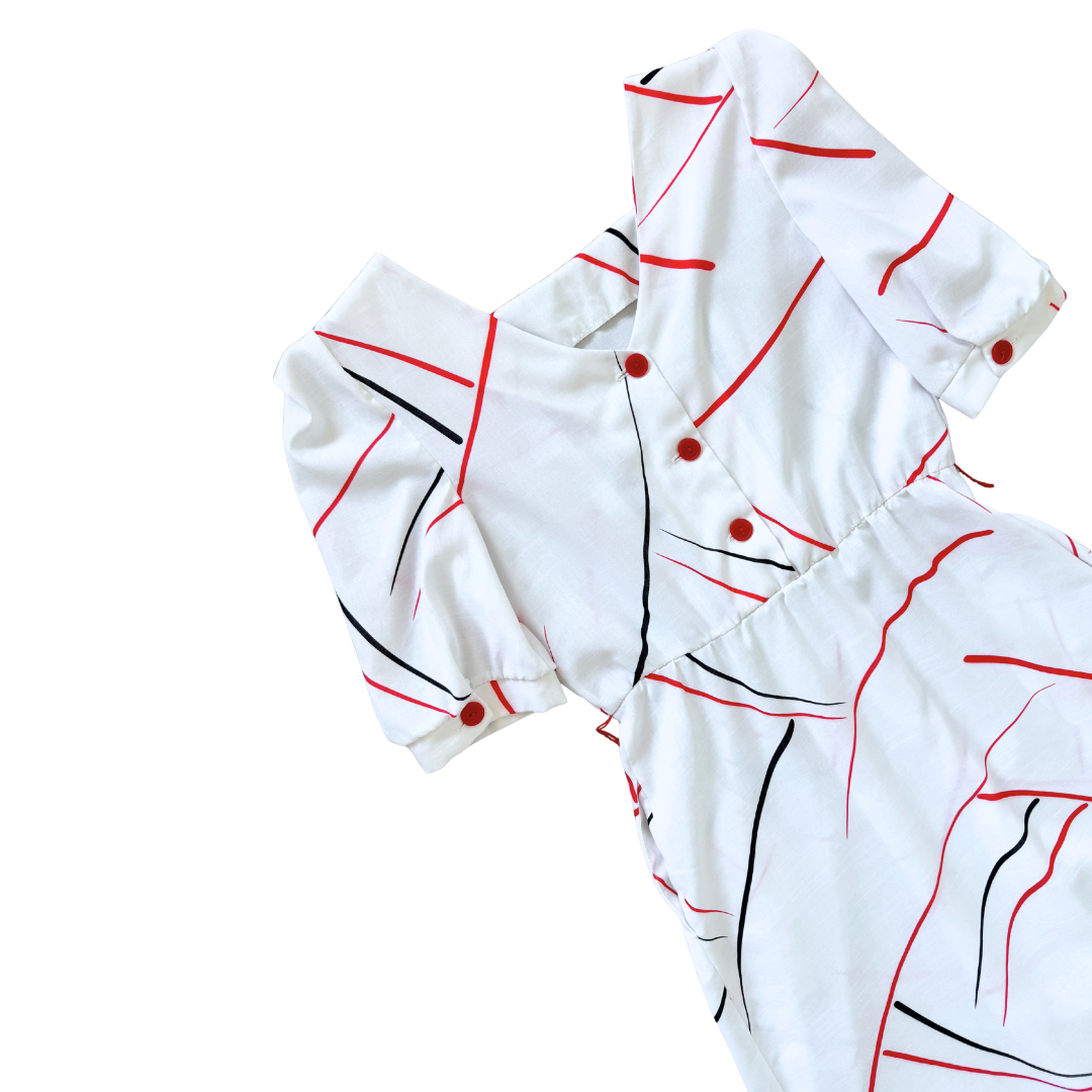 White Poplin Dress with Red and Black Geometric Print | Small-Medium