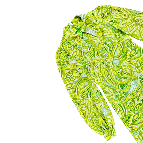 70s Neon Green Paisley Tab Collar Mini Dress | Extra-Small