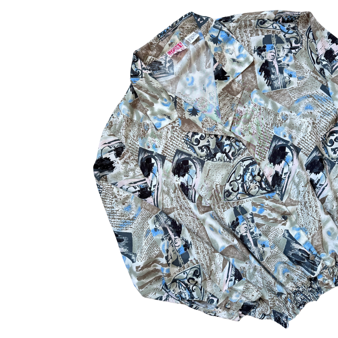 Blue and Green Geometric Bomber Blouse | Extra-Large