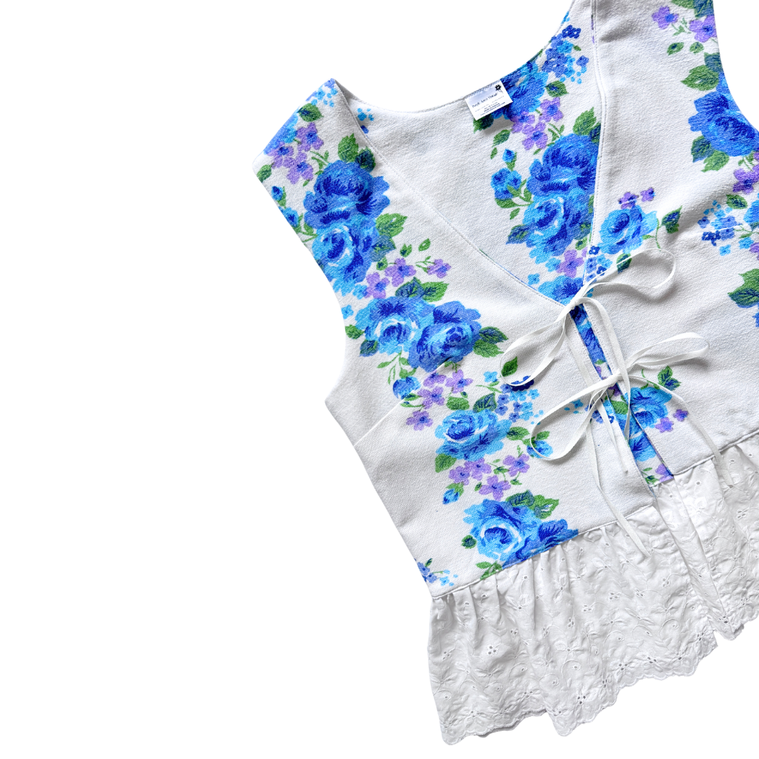Recycled Blue Floral and White Eyelet Tie-Front Vest | Small
