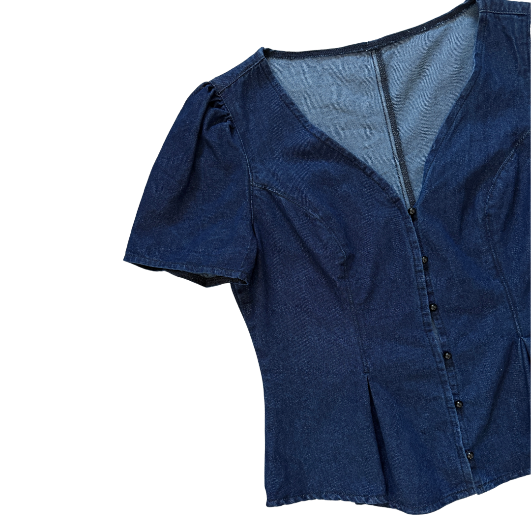Short Sleeve Dark Denim Peplum Blouse | Small