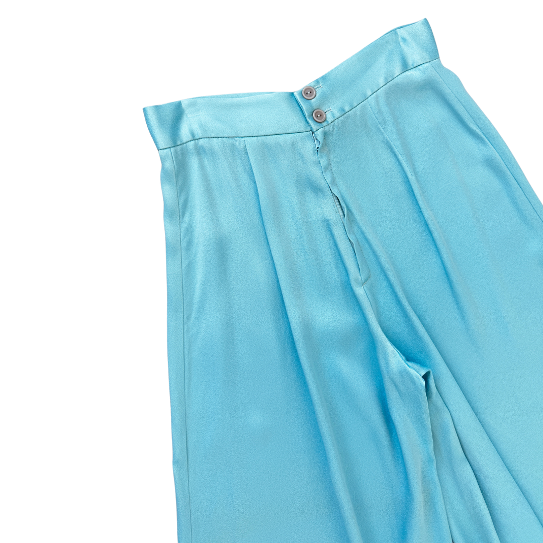 Biblioquet Modes Pastel Blue Satin Ultra-Wide Leg Pants | Small - Medium