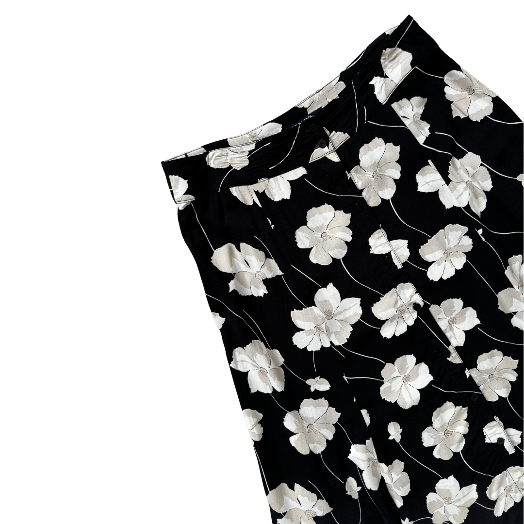 Chaps Black Button Front Maxi Skirt with Beige Flowers | Small