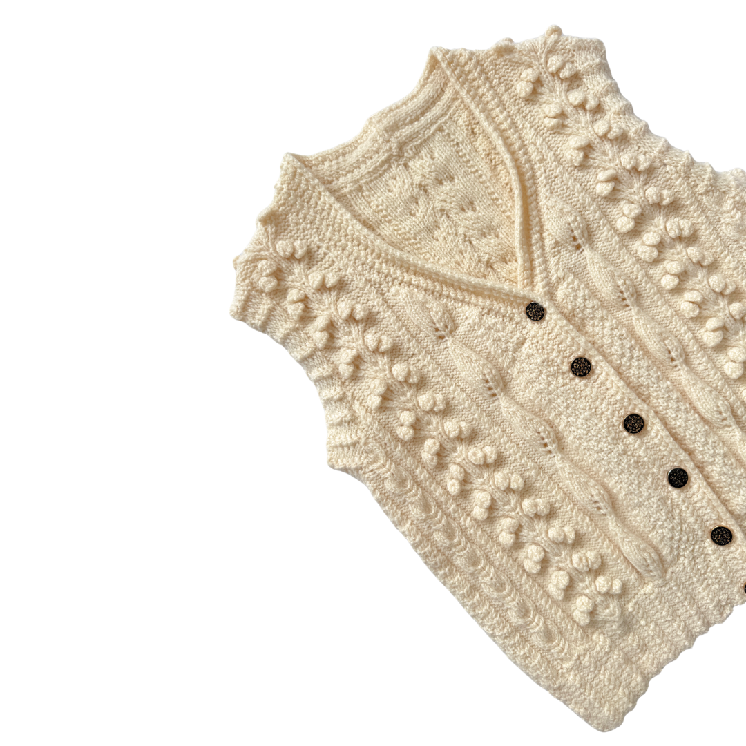 Chunky Knit Wool Vest with Black Floral Buttons | Medium
