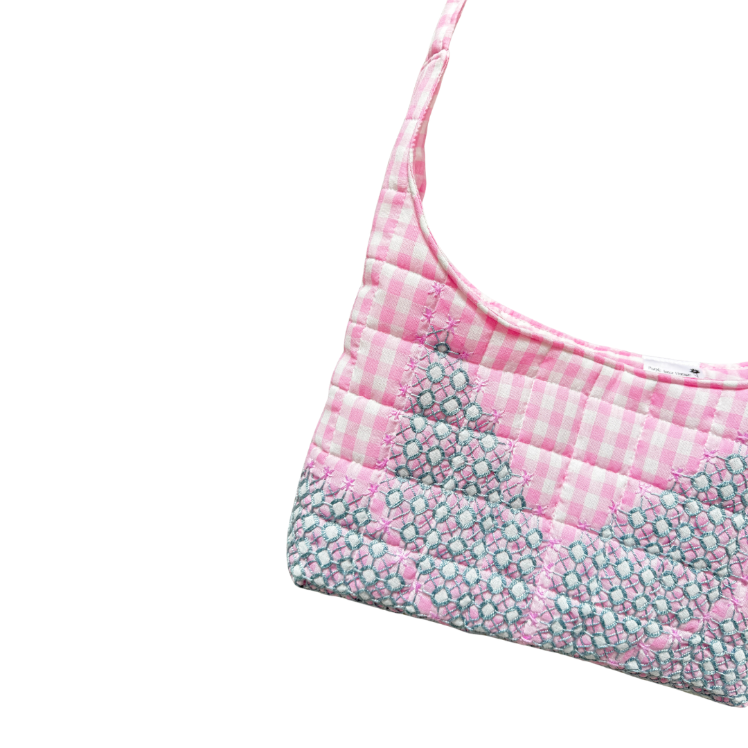 Recycled Pink Gingham Star Embroidered Quilted Shoulder Bag
