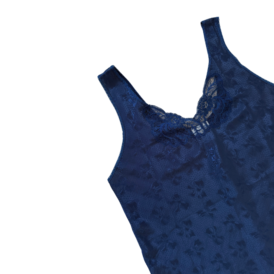 Linda - Eaton Navy Blue Satin Bow Print Slip Dress | Medium - Large