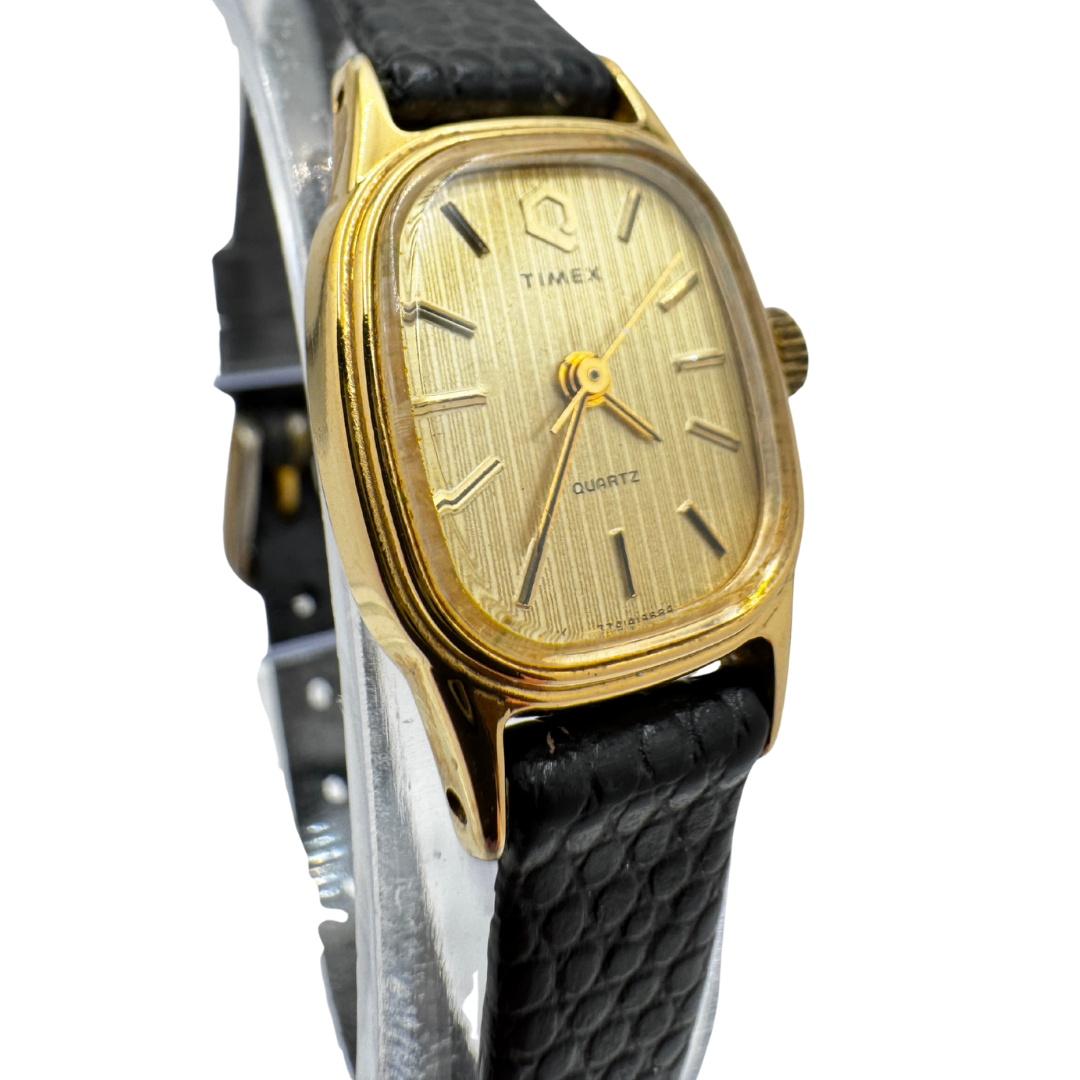 80s Timex S Cell Small Gold Watch with Snakeskin Leather Band