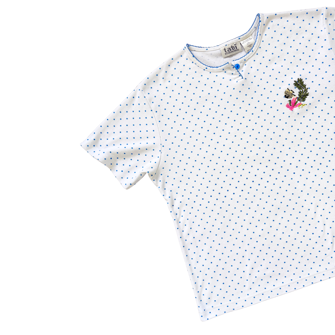 Tabi International Blue and White Polka Dot T-Shirt with Embroidered Fish | Large