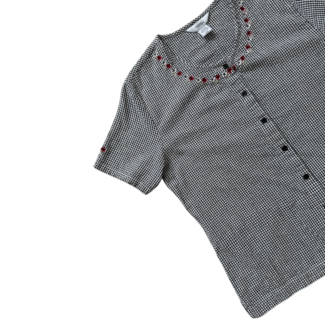 Northern Reflections B & W Gingham Blouse with Floral Embroidery | Large