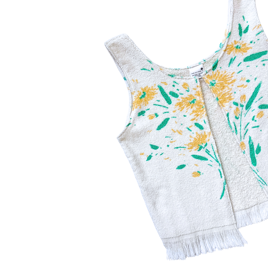 Recycled Vintage White Towel Vest with Yellow Floral Print | Medium
