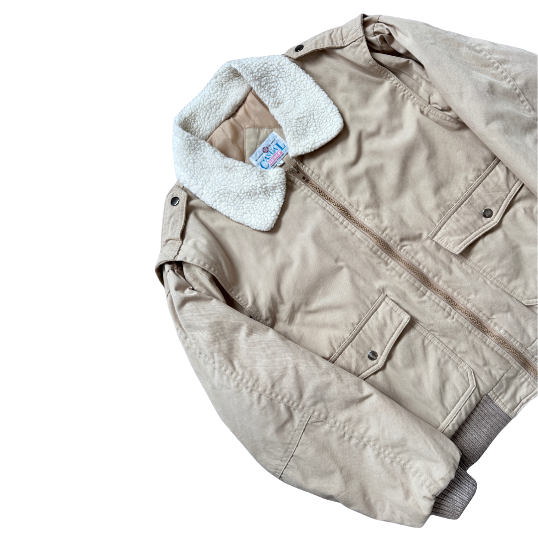 Men's Casual Club Beige Bomber Jacket with Sherpa Collar | Medium-Large