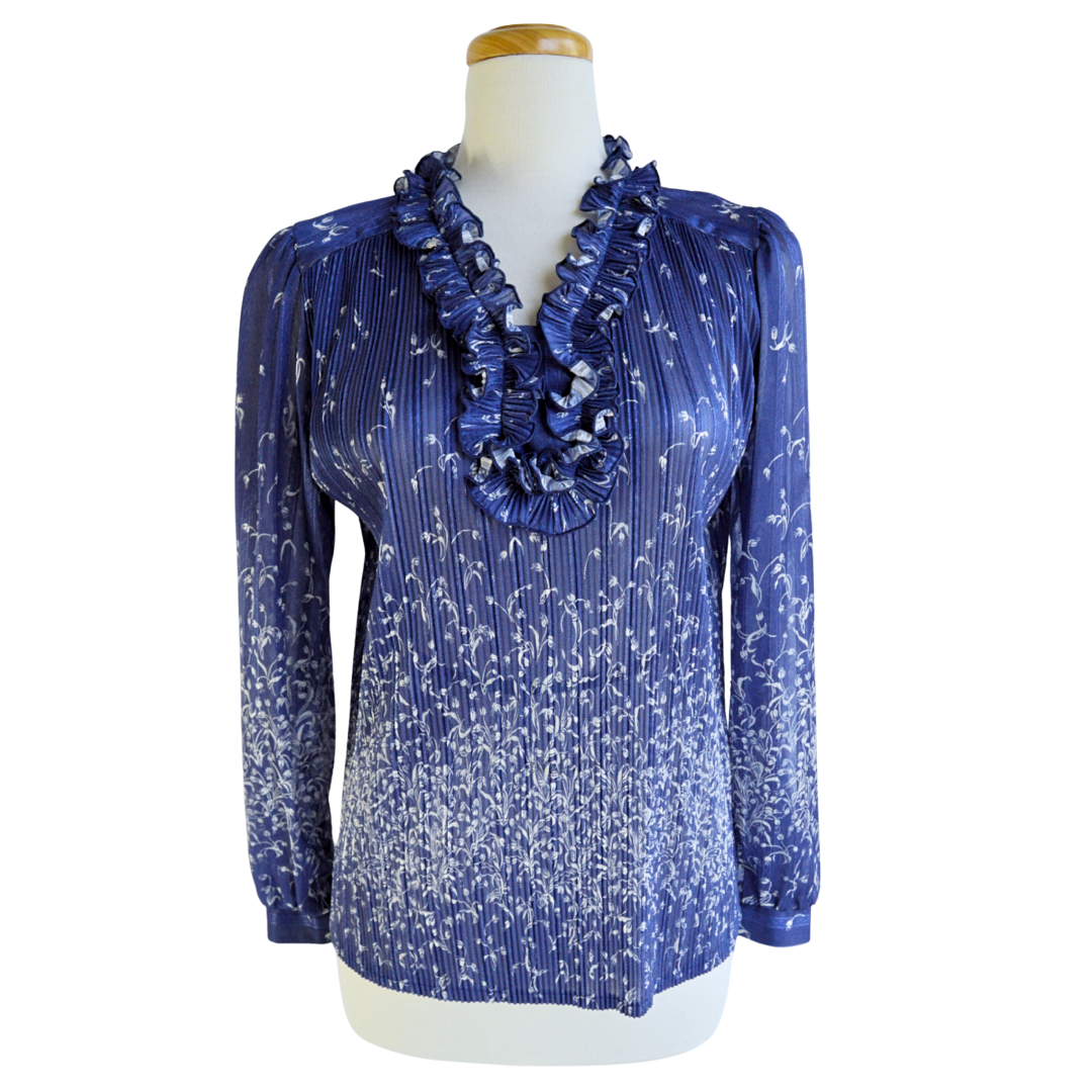 D'Allaird's Blue Ruffled Neck Pleated Floral Blouse | Medium