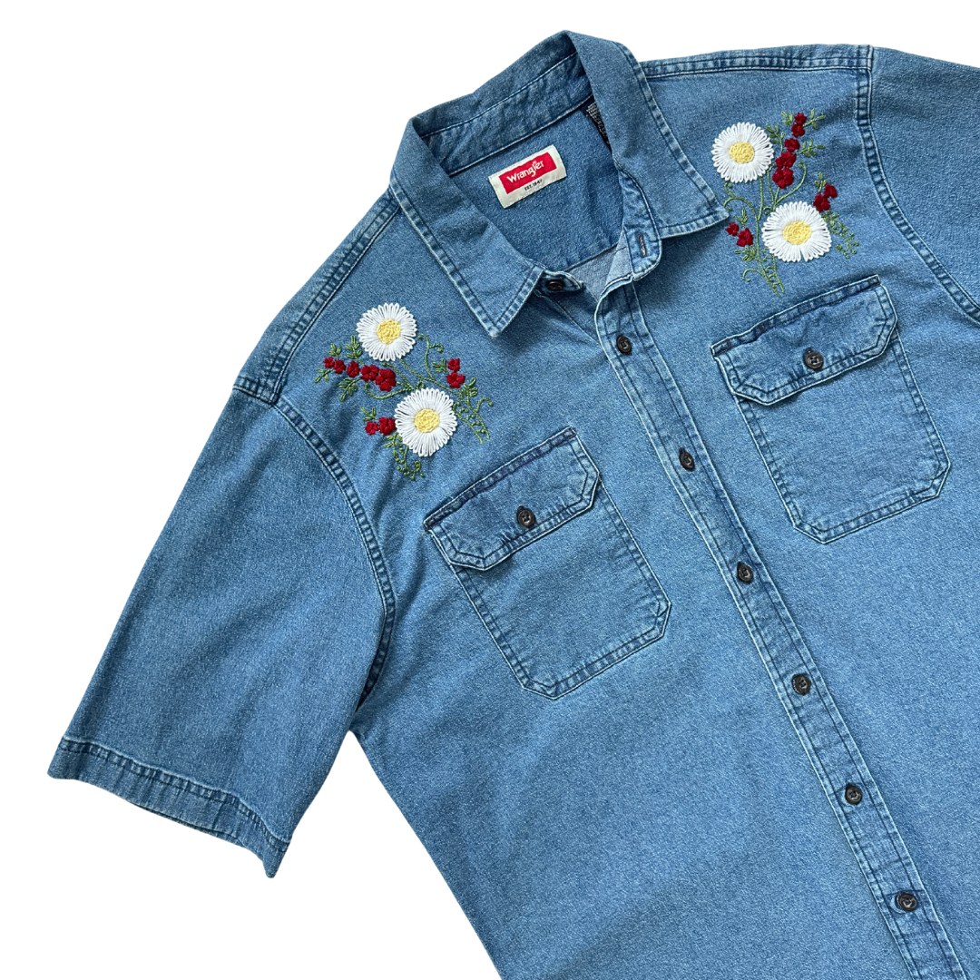 Men's Upcycled Daisy and Red Flowers Hand Embroidered Denim Shirt | Large