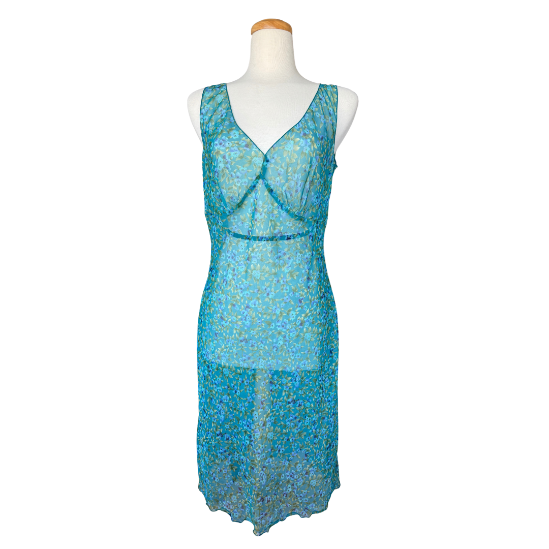 Sheer Teal Floral Sleeveless Ruffled Dress | Medium