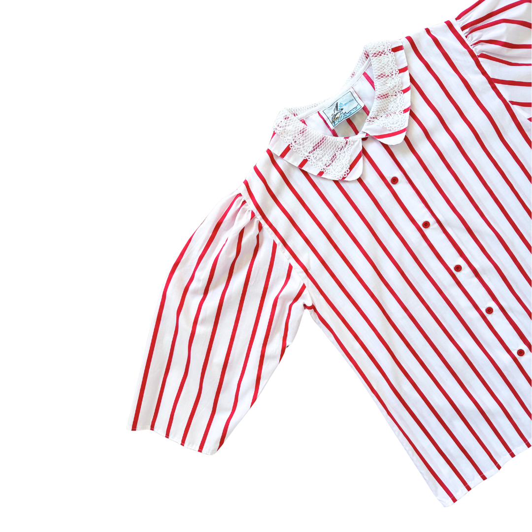 Perspective Red and White Striped Blouse with Lace Detailed Collar | Large