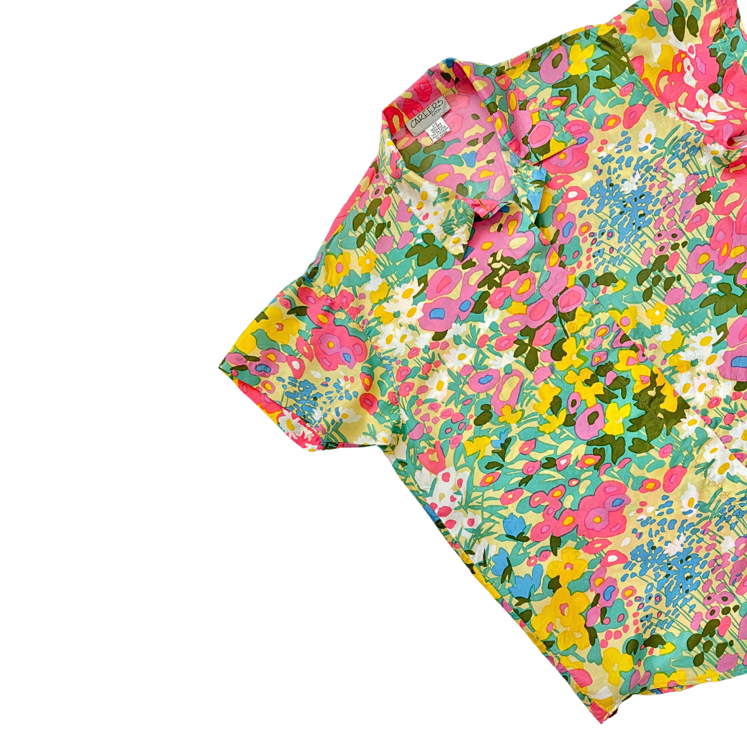 Career Elements Bright Floral Silk Short Sleeve Blouse | Large