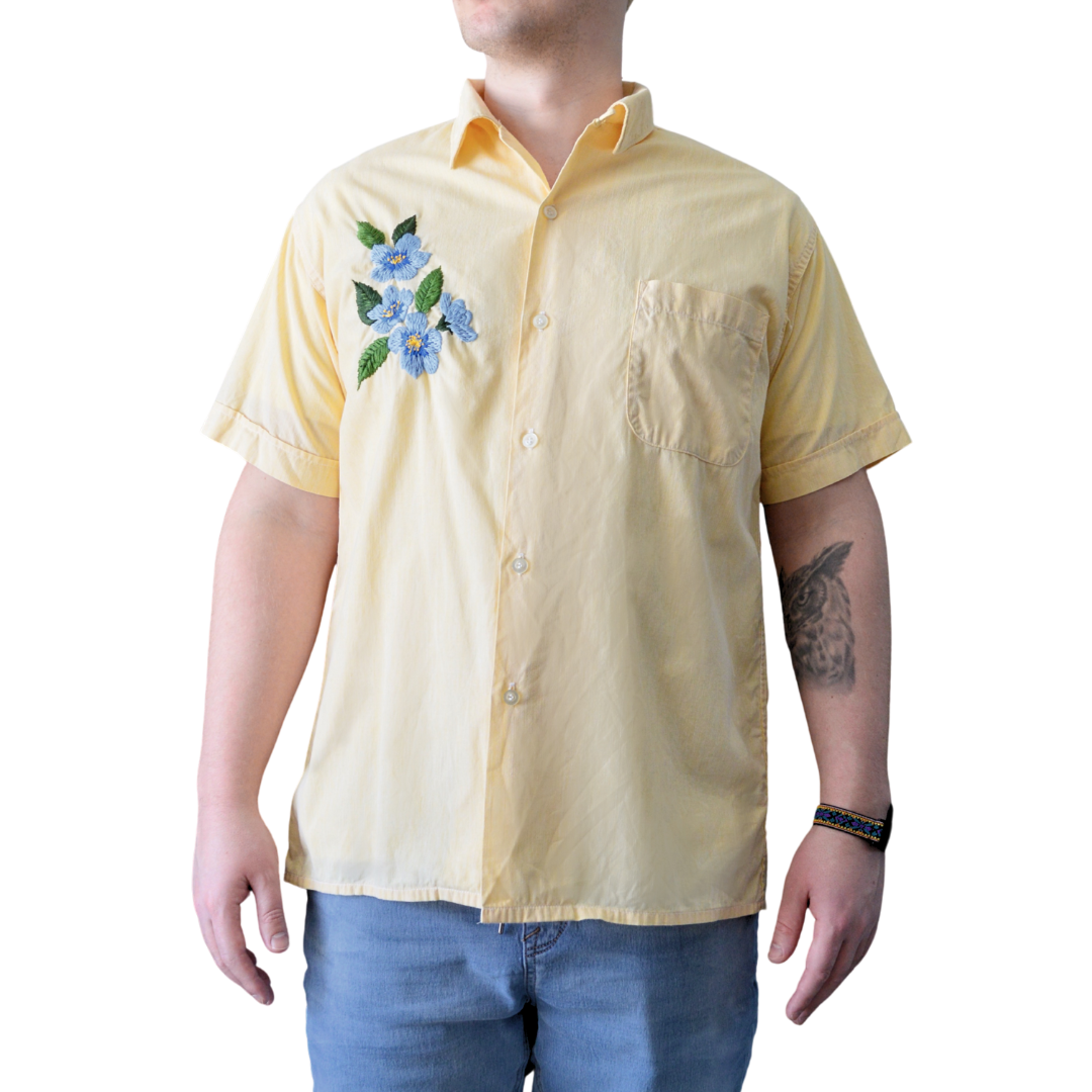Men's Up-Cycled Hand Embroidered Forget-me-not Oxford Shirt | Large