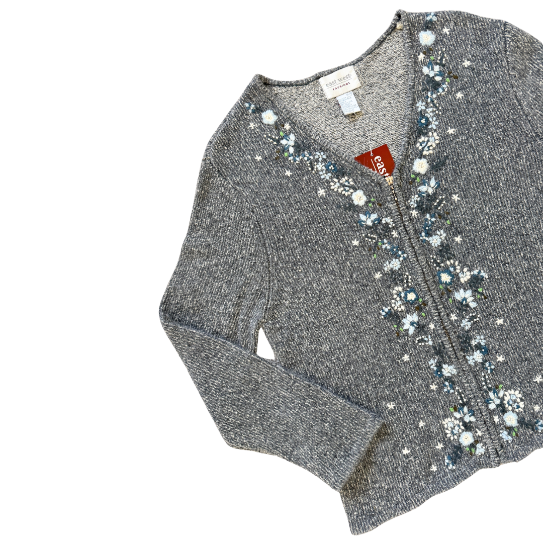 East West Grey Silk Blend Cardigan with Floral Embroidery | Extra-Large