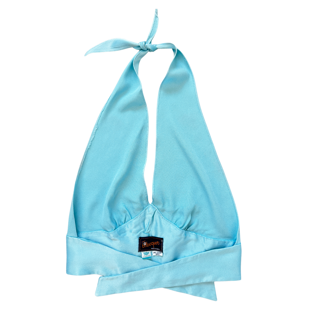 Biblioquet Modes Pastel Blue Satin Cropped Halter Top | Small - Medium