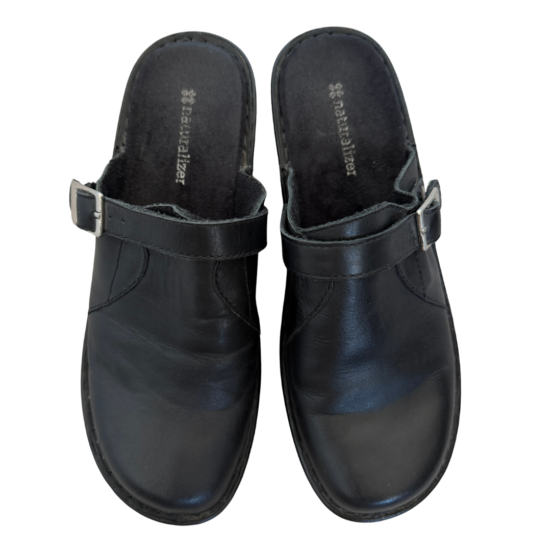 Naturalizer Black Leather Buckle Clogs | 7M