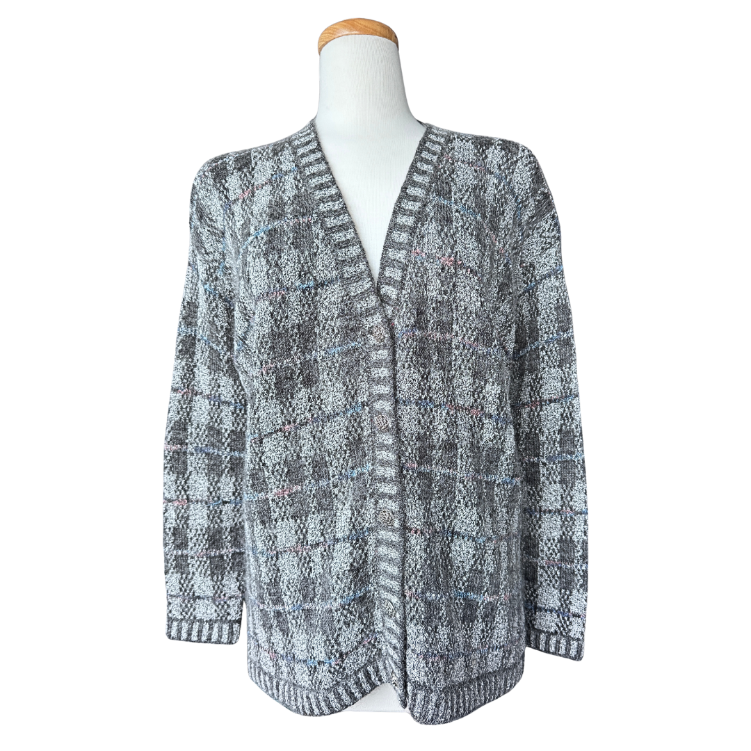 Cleo Petites Grey Plaid Mohair Blend Cardigan | Medium-Large
