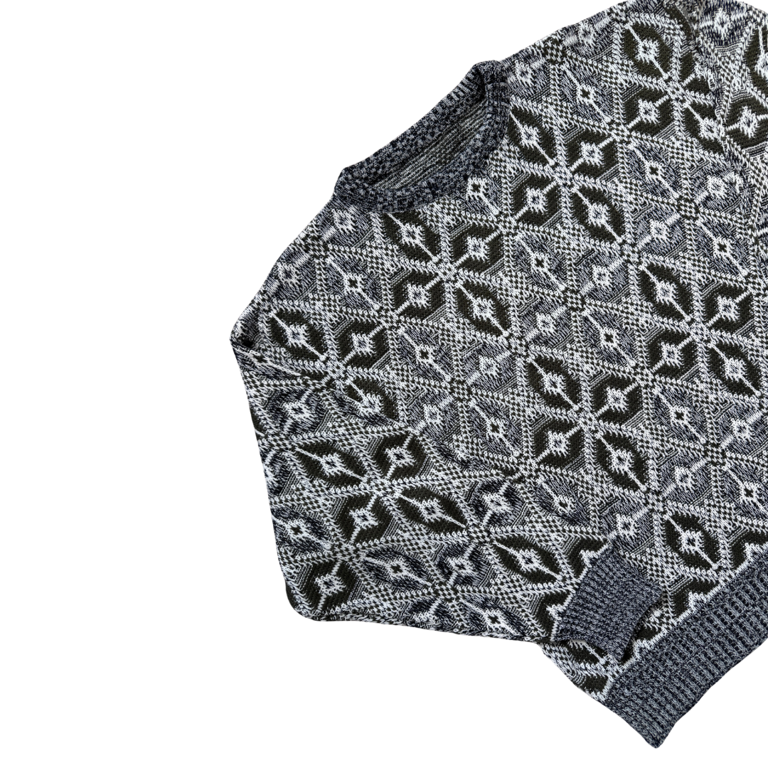 Grey and Green Abstract Print Grandpa Sweater | Large