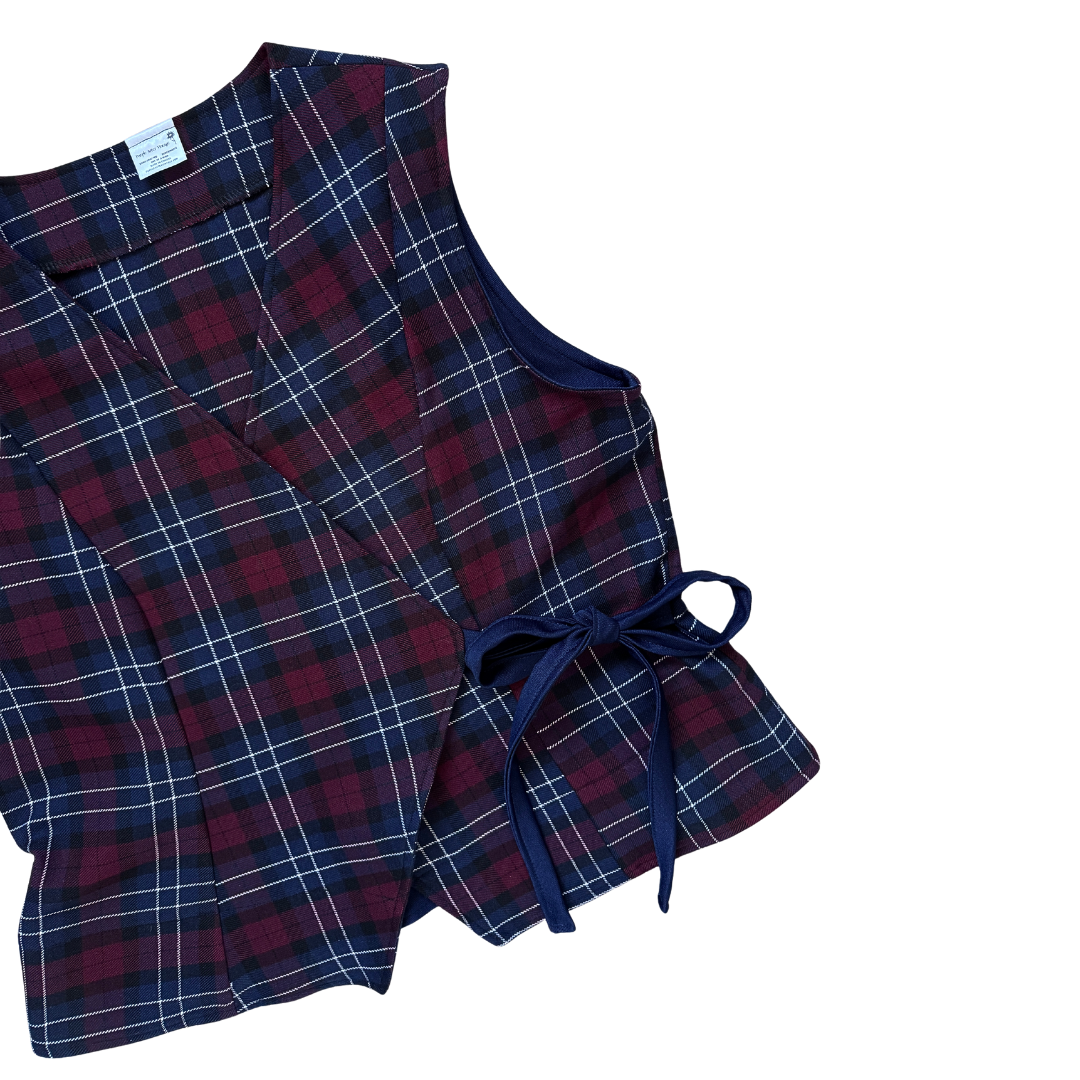 Recycled Sleeveless Navy Plaid Wrap Blouse | Large