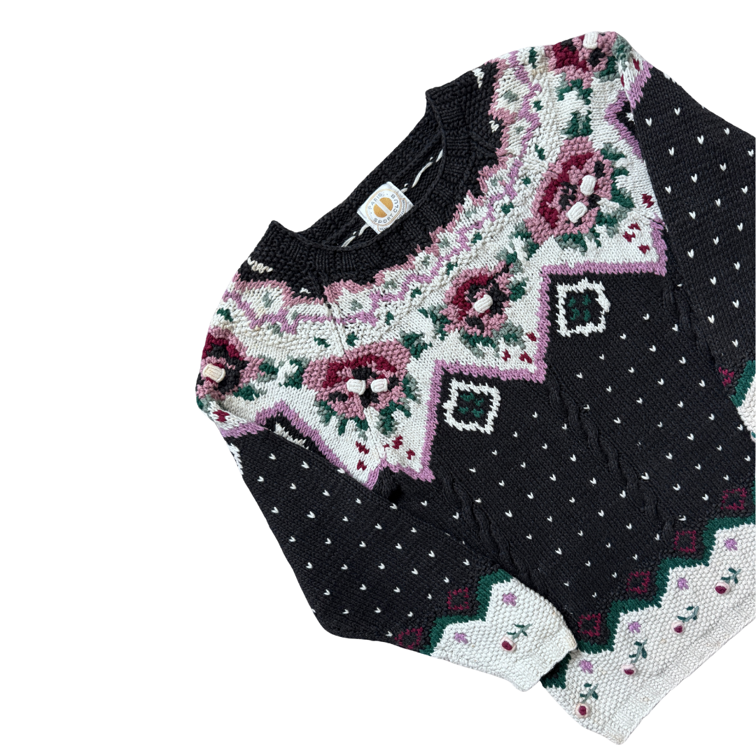 Paris Sport Club Black and Floral Knit Sweater | Small-Medium