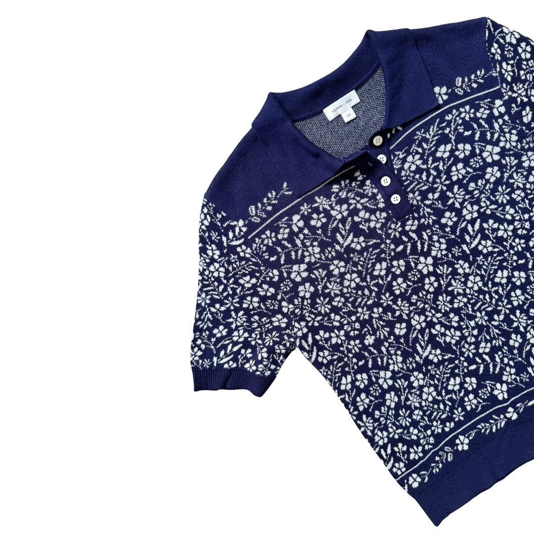 Gemma + Jane Navy and White Floral Knit Polo | Small