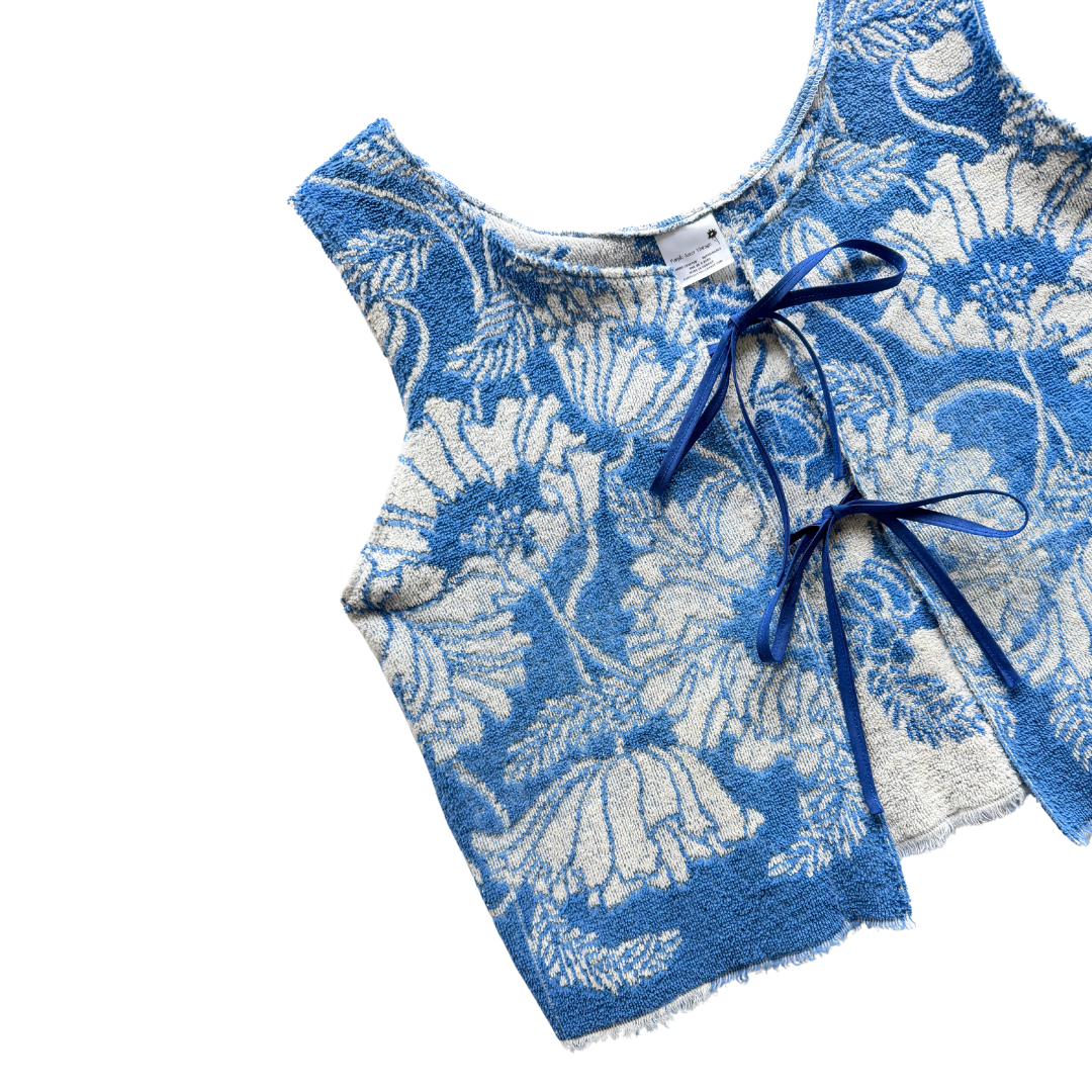 Recycled Blue and White Floral Tie-Front Towel Vest | Medium