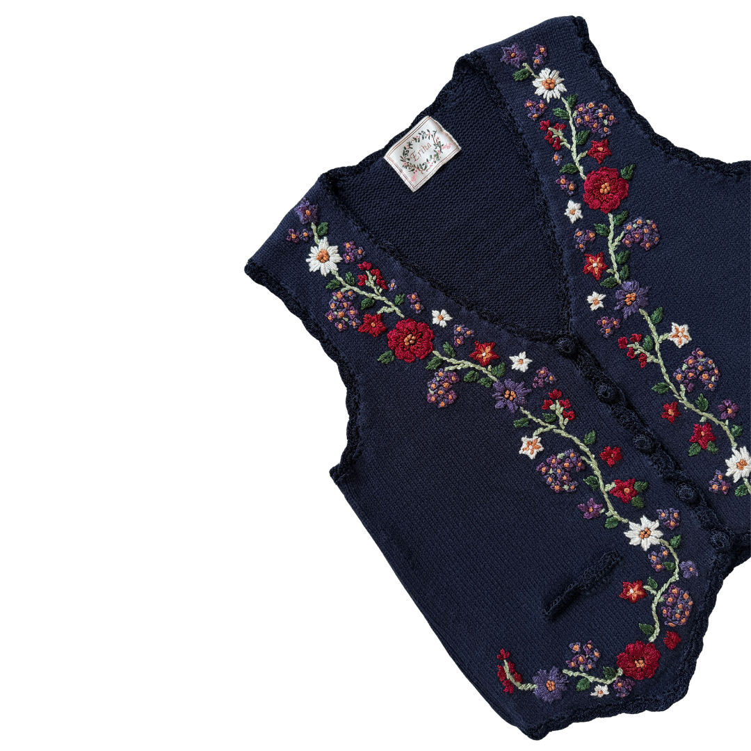Erika Navy Floral Embroidered Scalloped Vest | Medium