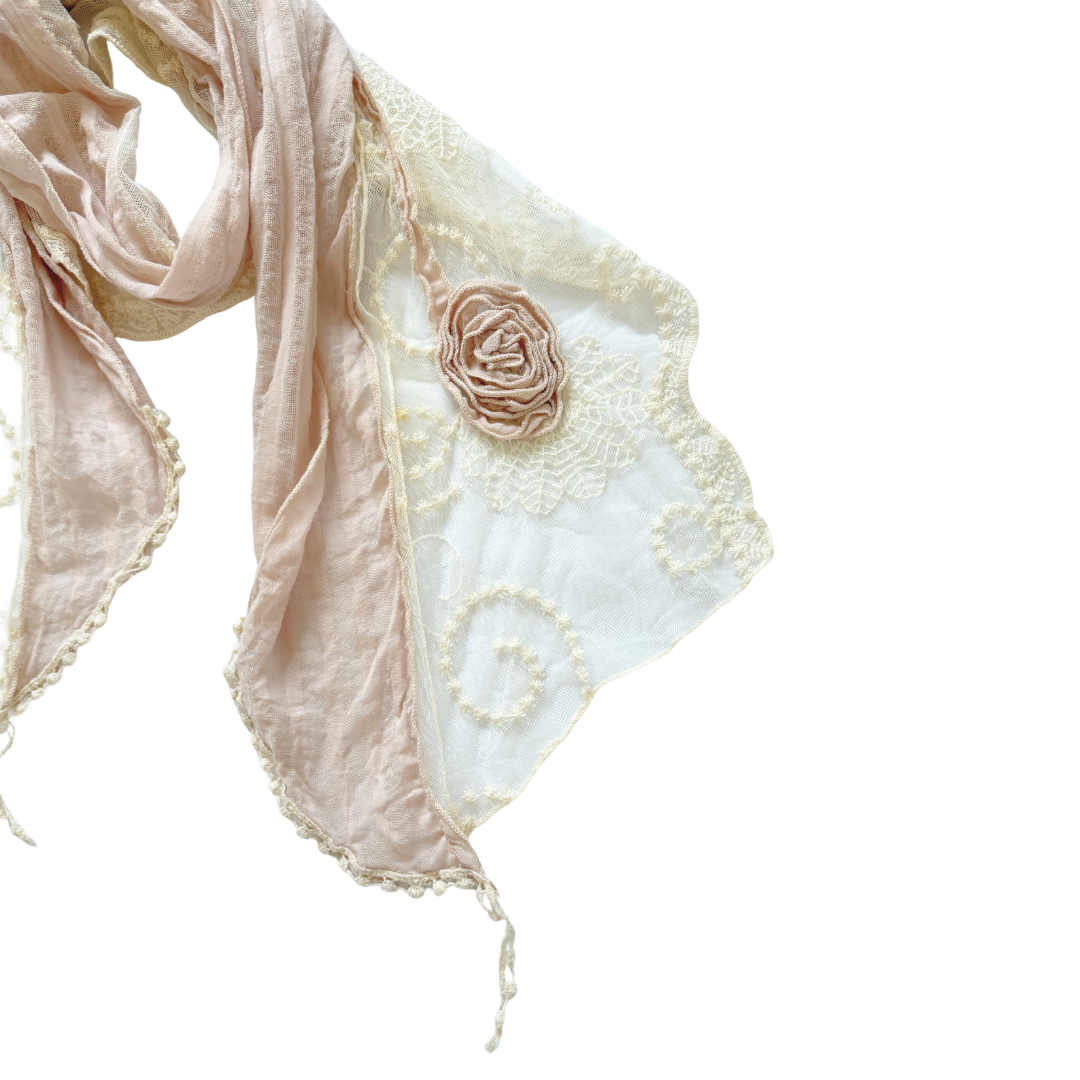 Linen and Lace Scarf with Rosette Details