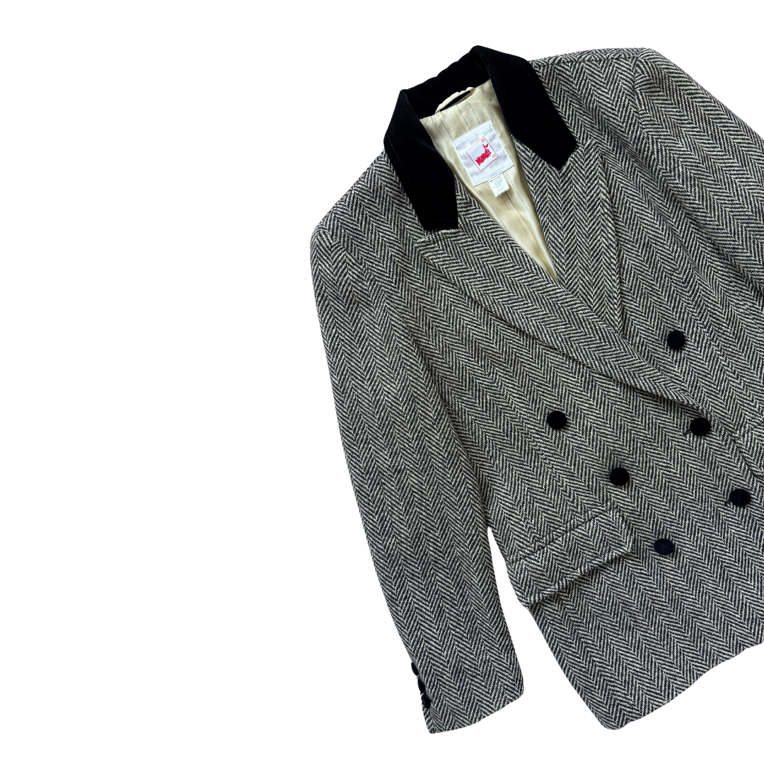 Mondi Black and Beige Wool Chevron Knit Blazer | Medium - Large