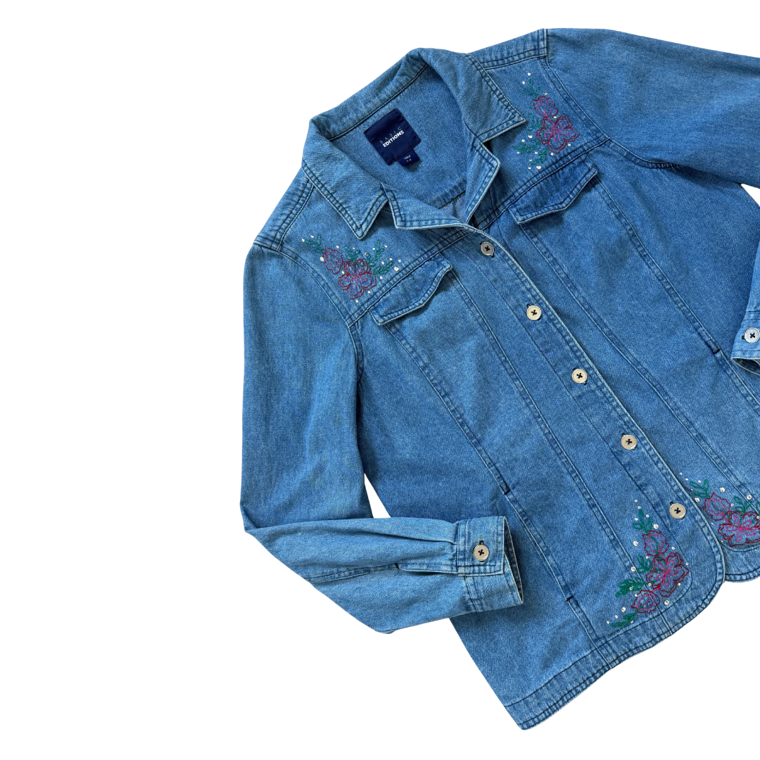 Basic Editions Light Wash Denim Jacket with Floral Embroidery | Large