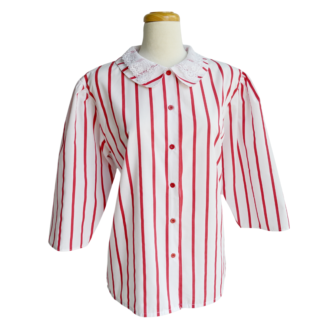 Perspective Red and White Striped Blouse with Lace Detailed Collar | Large