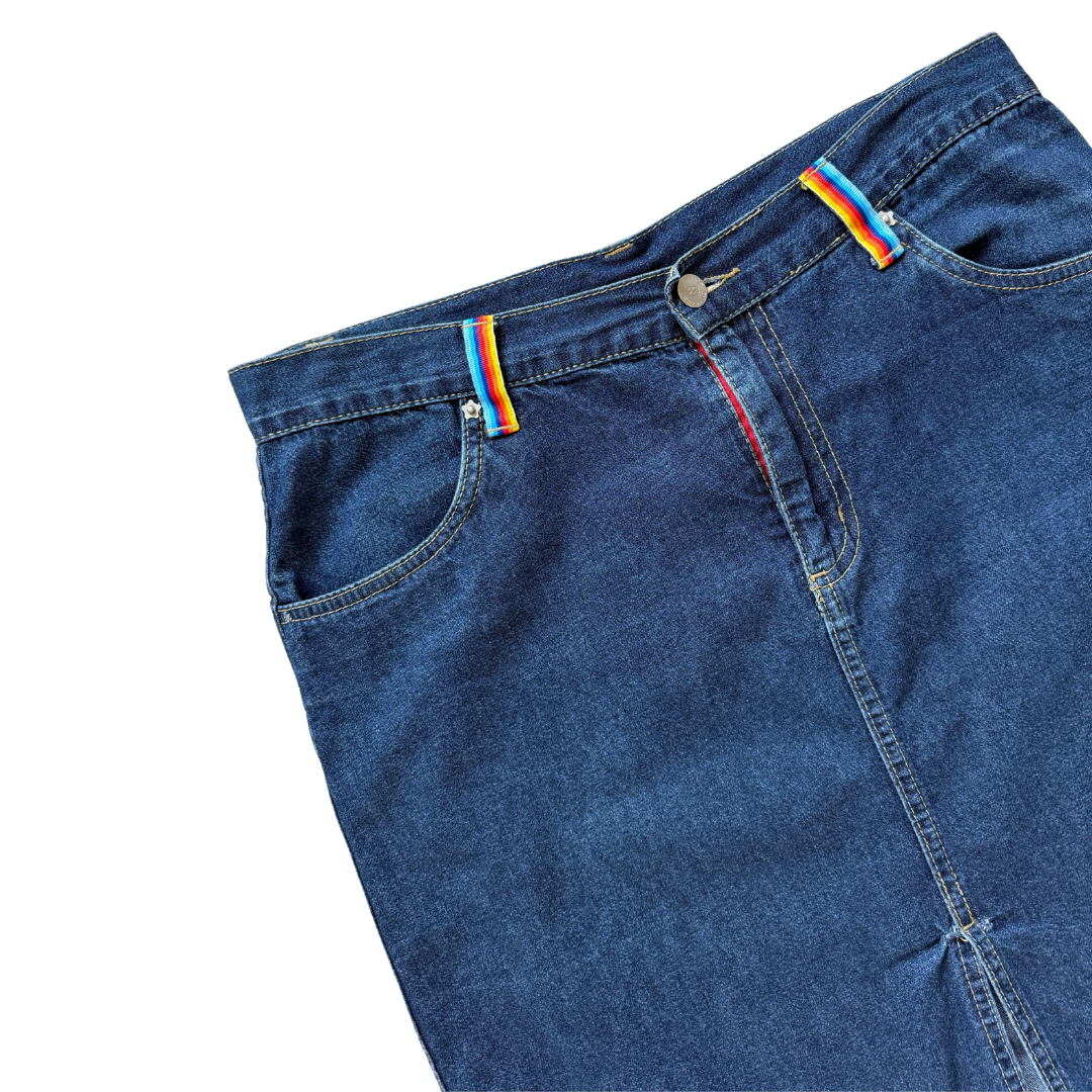 Billabong Dark Denim Mini Skirt with Rainbow Detail | Large
