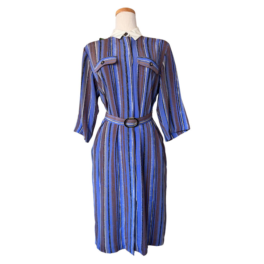 Striped Collared Shirt Dress with Ornate Belt | Medium