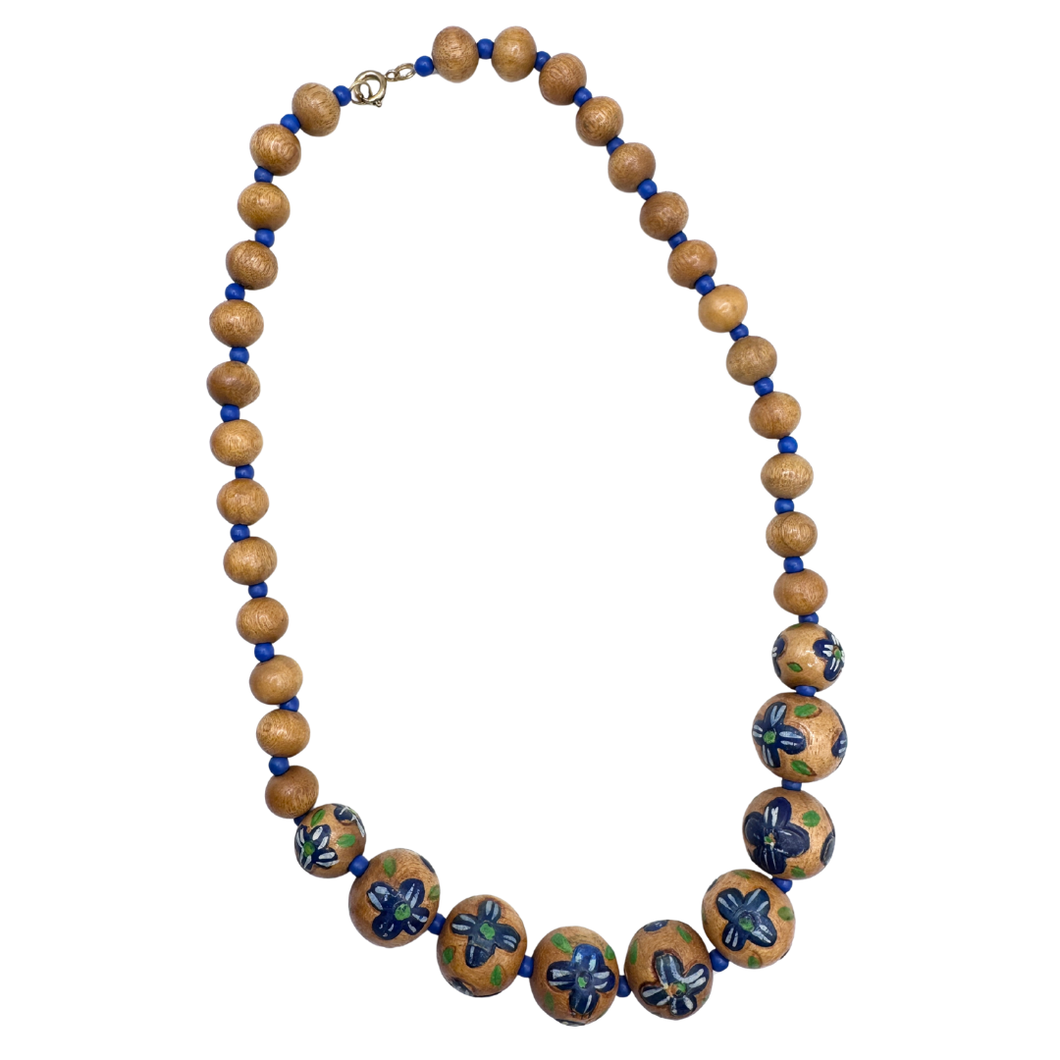 Upcycled Blue Floral Wood Beaded Necklace