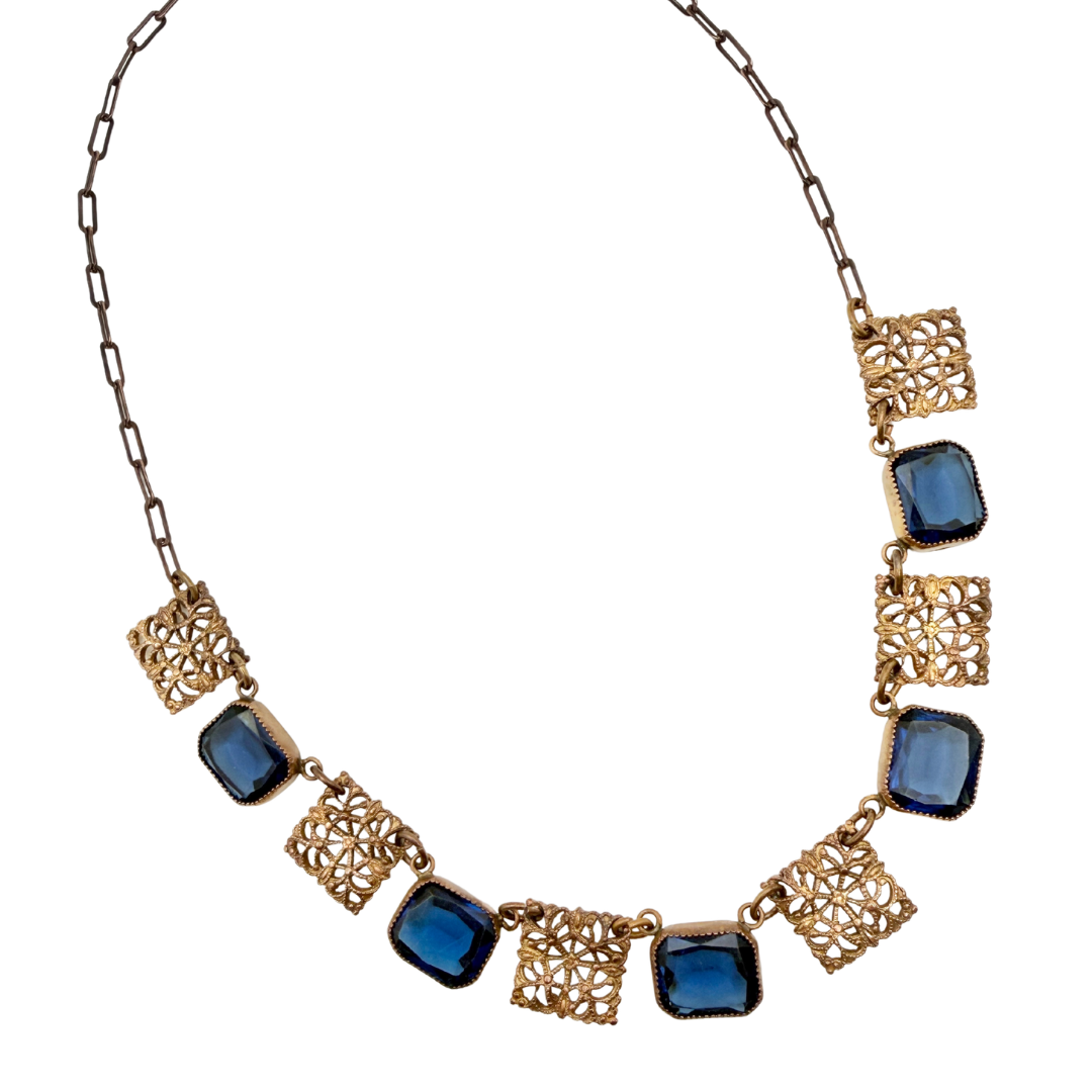 20s-30s Sapphire Blue Czech Glass Filigree Necklace